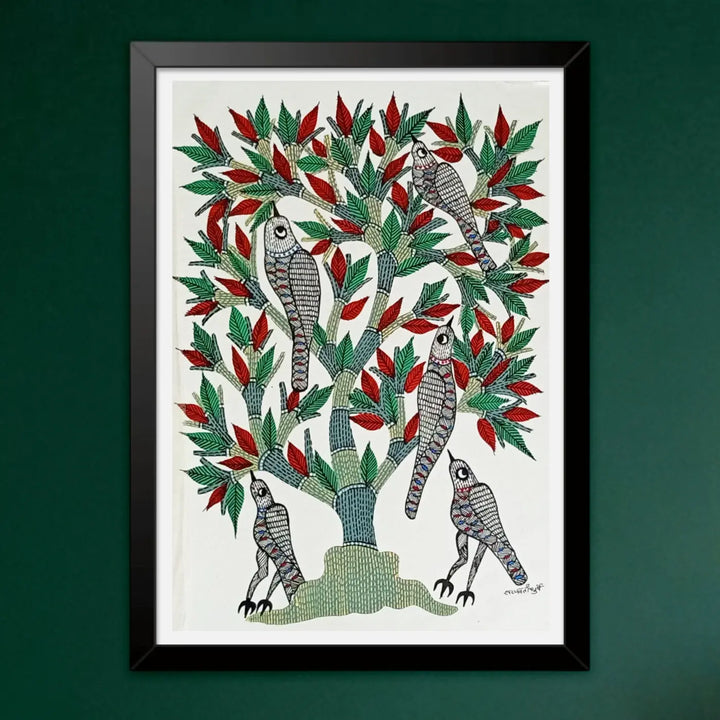 16 x 23 Inch | Birds On Tree | Original Hand Painted Tribal Gond Art Painting | Acrylic Paint On Paper