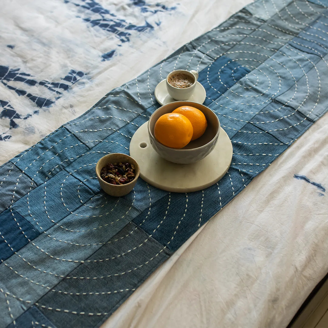 Upcycled Hand Embroidered Denim Spiral Eco-Friendly Table Runner & Mat