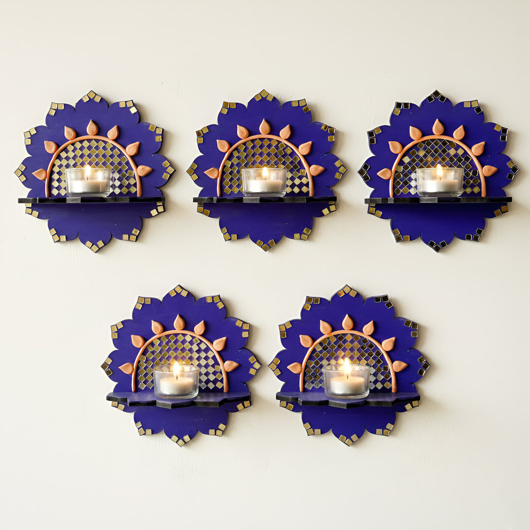 Hand-Painted Mirror Work Royal Lotus MDF Wood Tealight Holder
