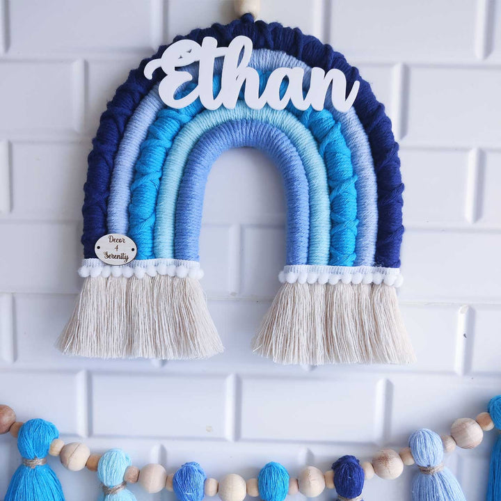Personalized Handmade Macrame Blue Rainbow & Tassel Garland Combo Kids Name Plate & Bunting Combo With 3D Letters