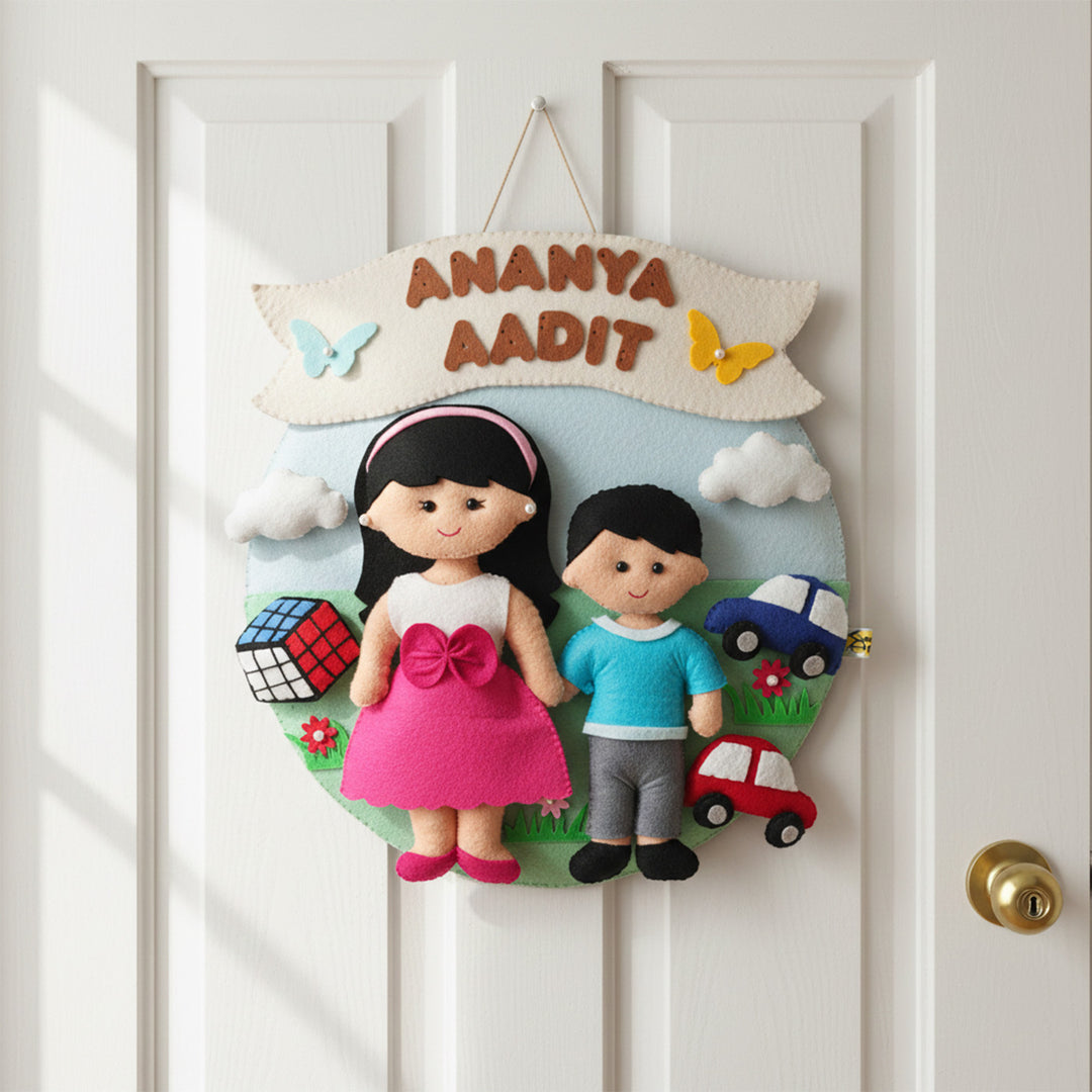 Hand-stitched Hobby Themed Round Felt Kids Name Plate for Siblings