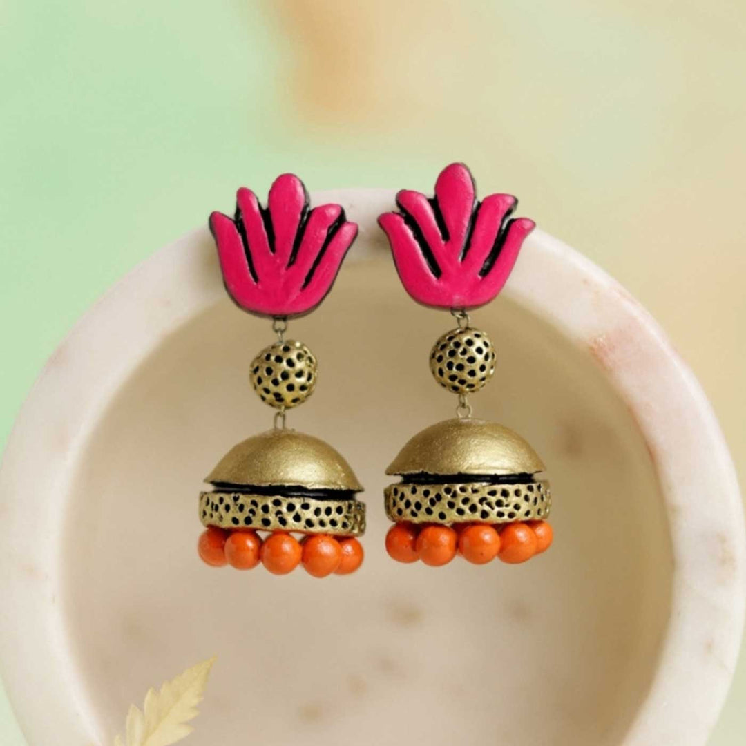 Handmade Beaded Blooming Lotus Terracotta Earrings