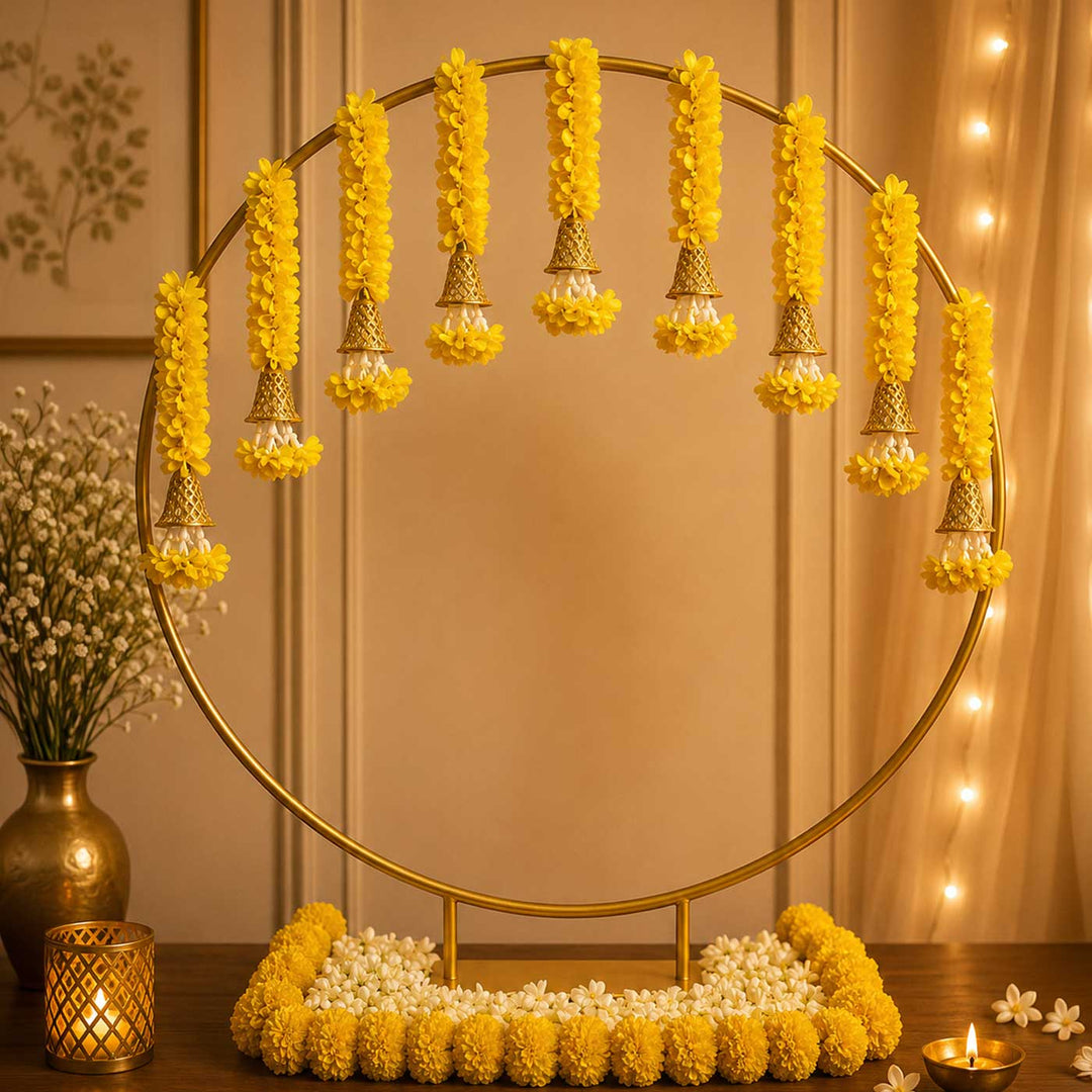 10 Pc | Yellow Floral Tassel Golden Circular Backdrop Decor Kit With Bells