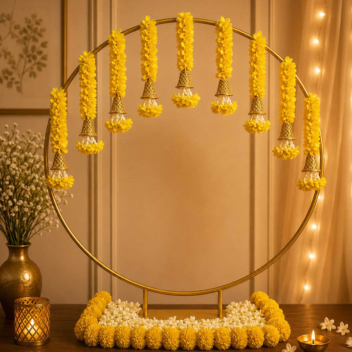 10 Pc | Yellow Floral Tassel Golden Circular Backdrop Decor Kit With Bells