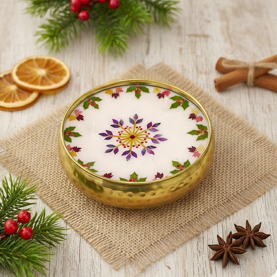 5 Inch | Handmade Pressed Flower Decorative Brass Candle | Packed in a Gift Box