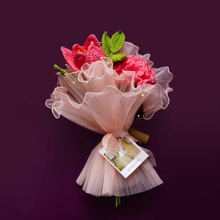 Handmade Crochet Rose Haze Flower Bouquet With Lights | Includes Photo & Greeting Card