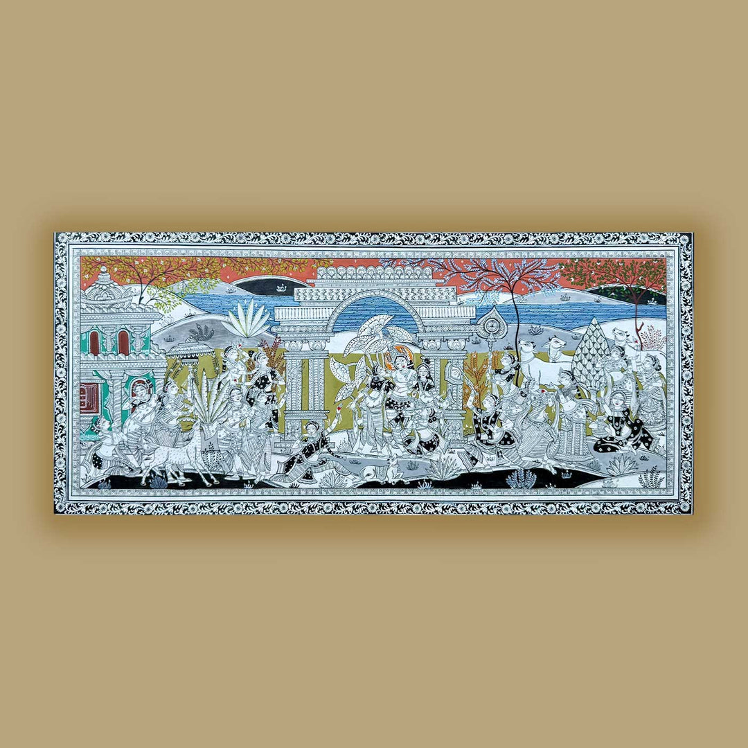 44 x 20 Inch | Handmade Canvas Krishna Rasleela Painting