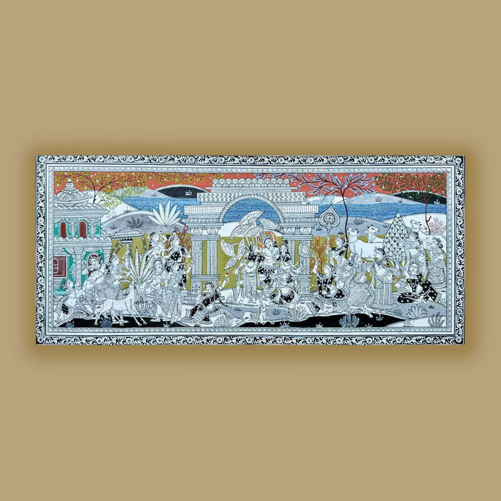 44 x 20 Inch | Handmade Canvas Krishna Rasleela Painting