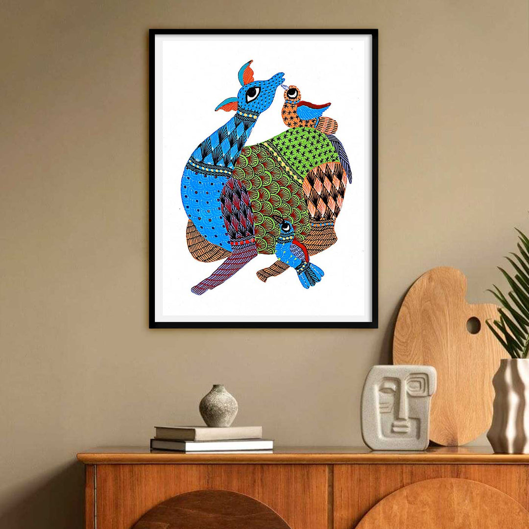 6 x 8 Inch | Deer & Birds | Original Hand painted Tribal Gond Art Painting | Acrylic Paints On Paper