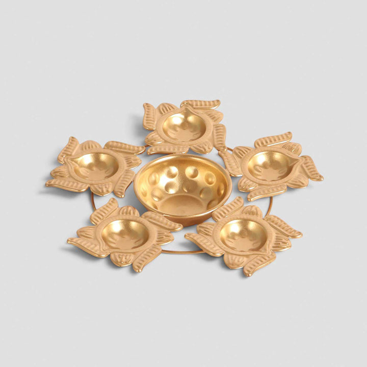 Handmade Etched Swastik Urli With 5 Diya Round For Festive Decor