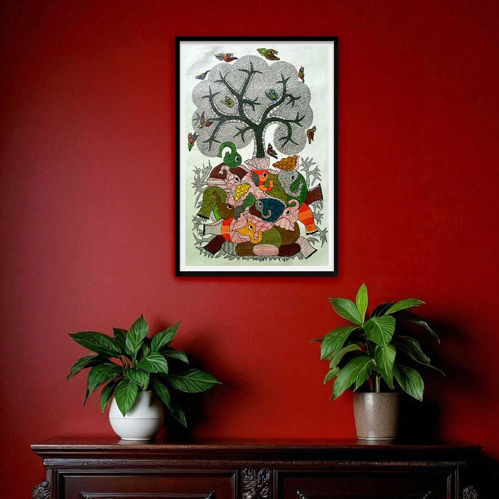 24 x 36 Inch | Tree Of Harmony | Original Hand Painted Tribal Gond Art Painting | Acrylic Paints On Paper