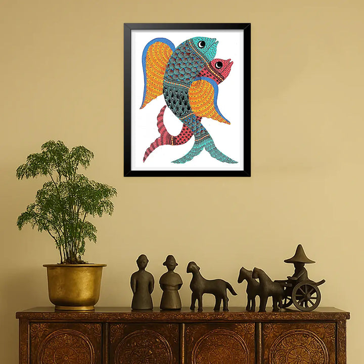 6 x 8 Inch | Dancing Fishes | Original Hand painted Tribal Gond Art Painting | Acrylic Paints On Paper
