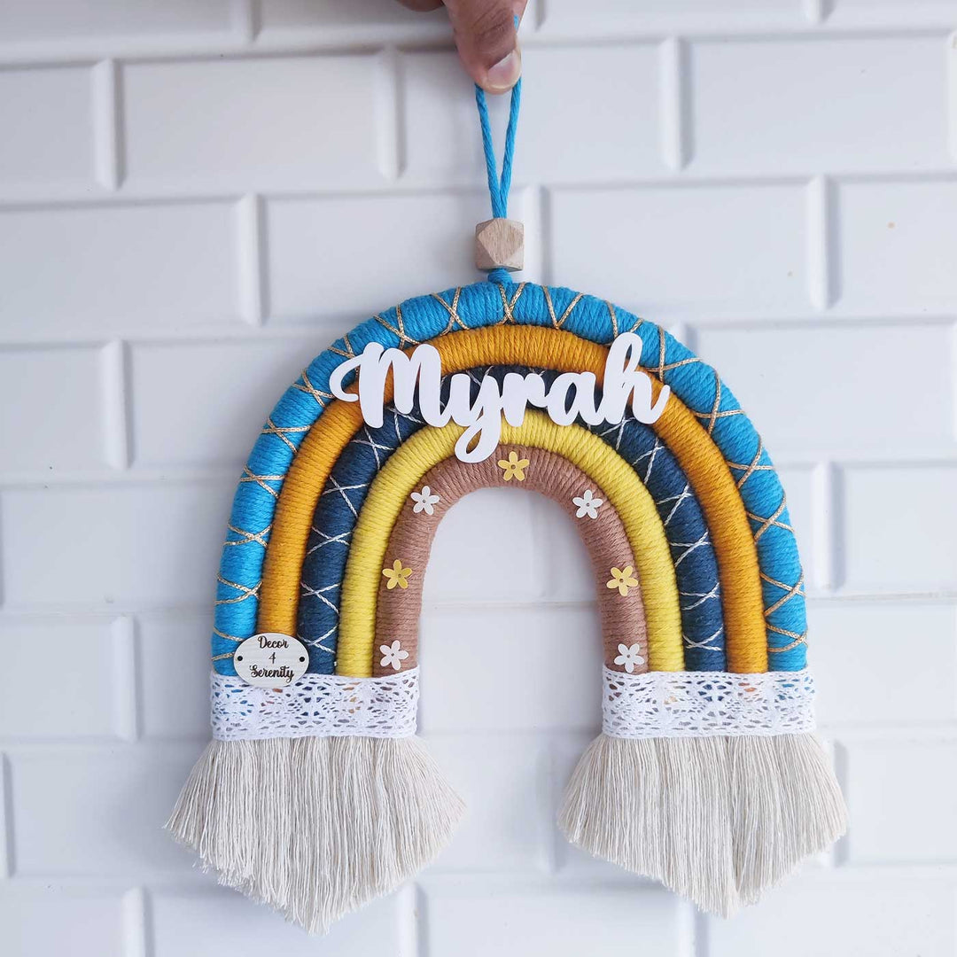 Personalized Handmade Macrame Blue & Yellow Rainbow Kids Name Plate With 3D Letters