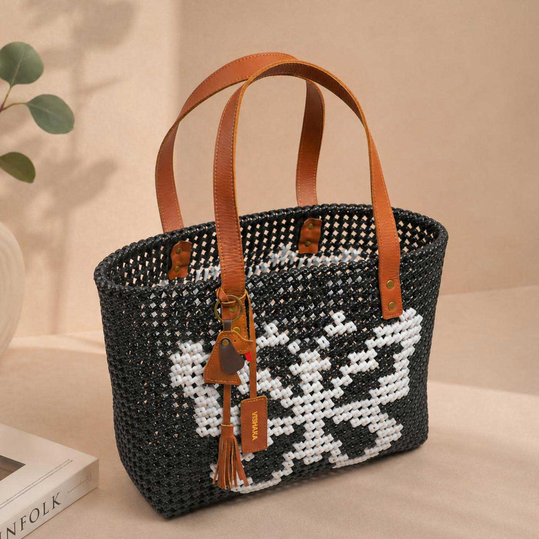 Handwoven Black Koodai Tote Bag with White Butterfly Motif