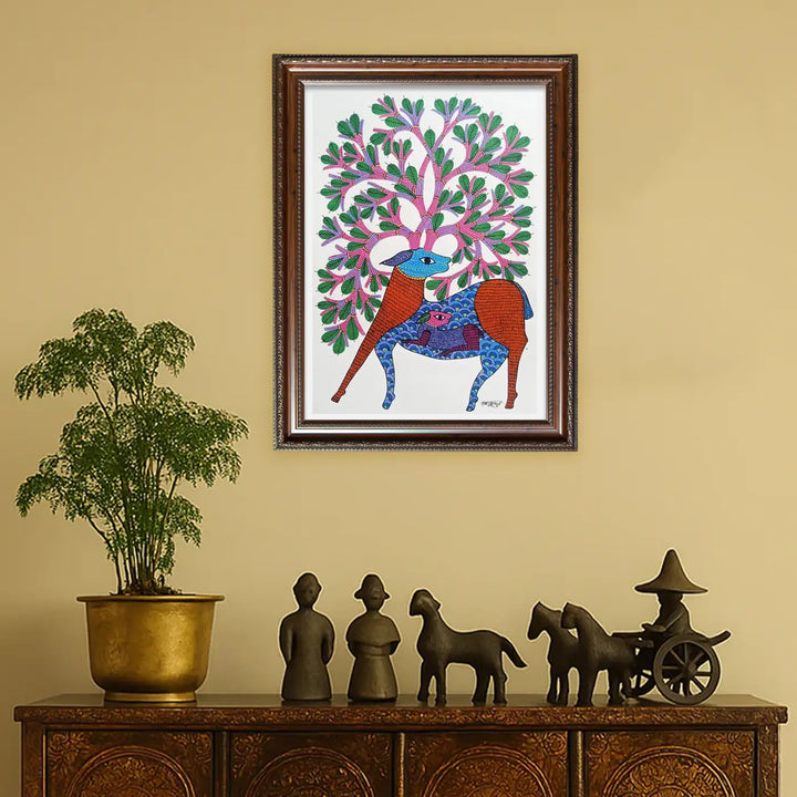 11 x 16 Inch | Deer With Tree | Original Hand Painted Tribal Gond Art Painting | Acrylic Paint On Paper