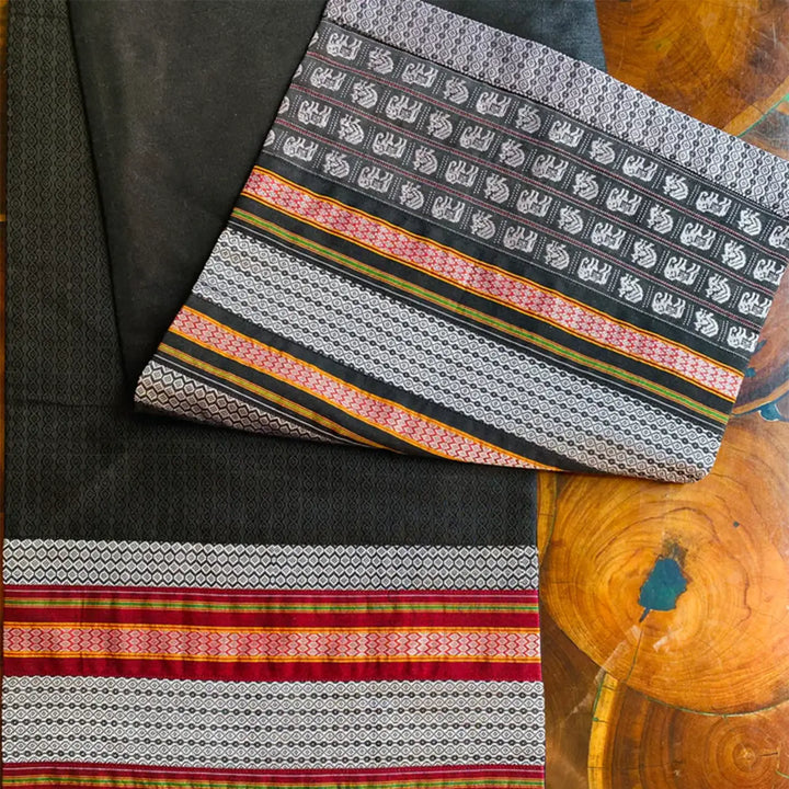Handmade Black Elephant Design Khunn Fabric Cotton Table Runner | 12 x 60 Inch