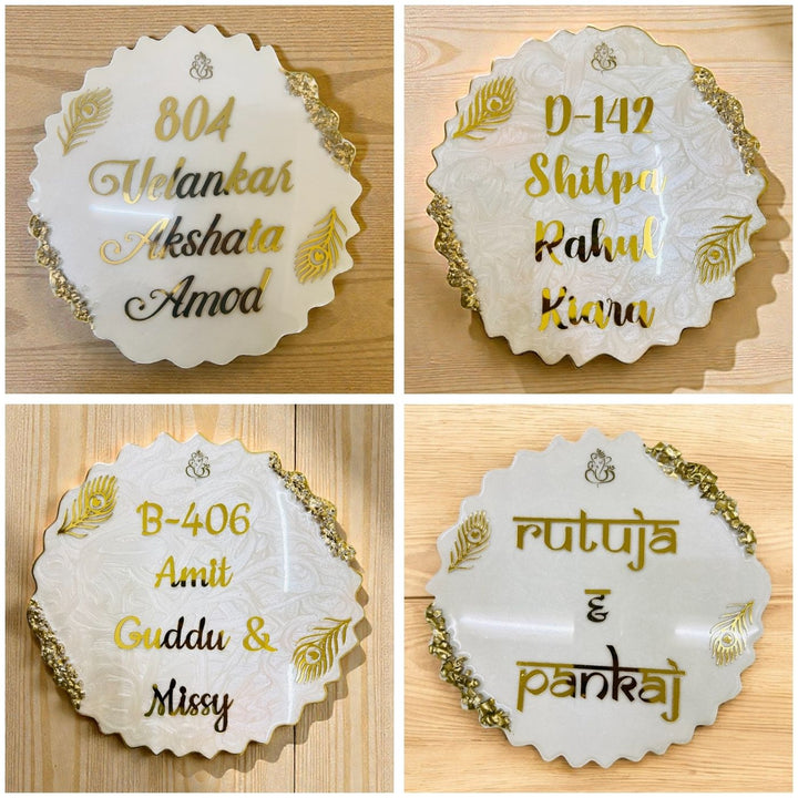 White & Gold Feather Personalized Marble Efffect Wavy Round Resin Name Plate | With 3D Acrylic Letters & Gold Stone Embellishment