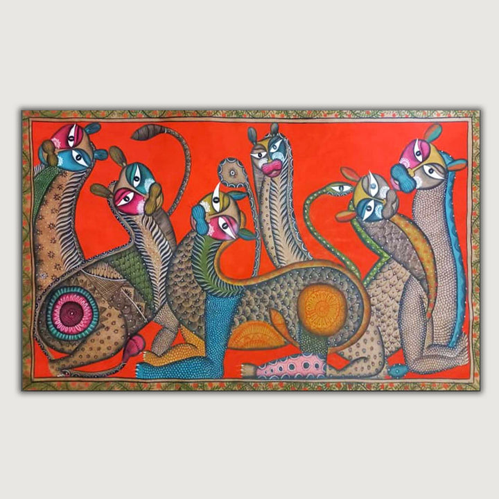 29 x 48 Inch | Cat Family | Original Hand Painted Kalighat Painting | Natural Pigment On Paper