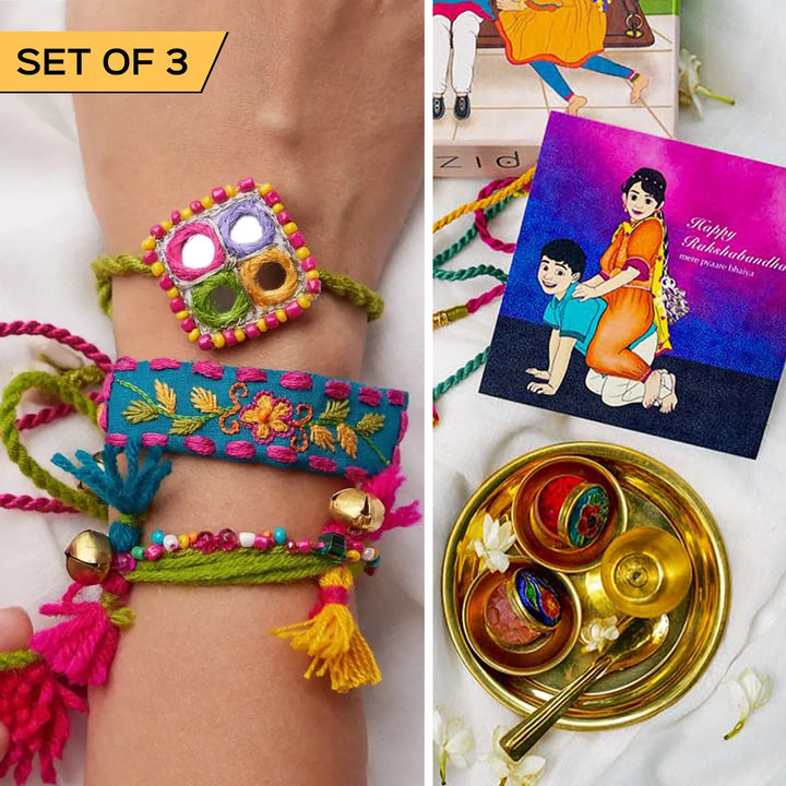 3 pc Rakhi + Brass Thali Set | Premium Paro Embroidered Rakhi Set with Roli Chawal