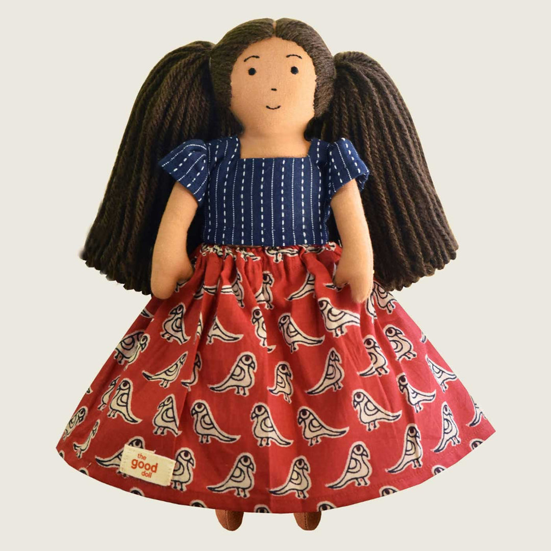 Nilah's (Younger Sister) Mira In Blue & Red Dress | Soft Hand-Stitched Sustainable Indian Play Doll