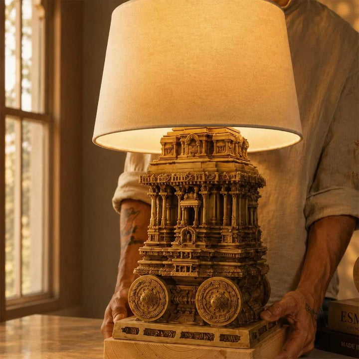 Handcrafted Vijaya Hampi Stone Chariot Miniature Table Lamp For Home Decor
