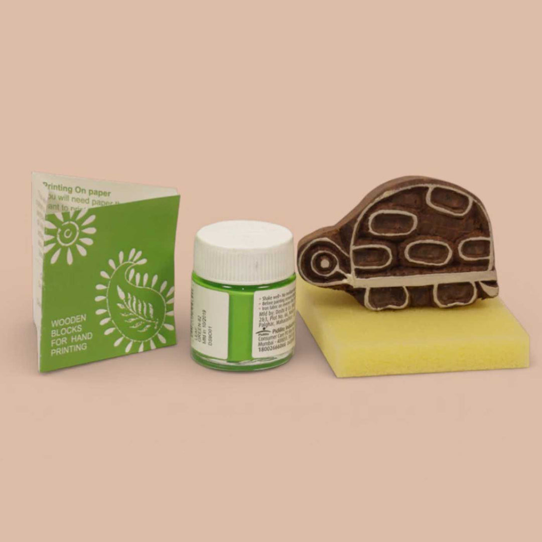 Turtle Design T-shirt Block Print DIY Kit | 1 White Cotton T-shirt, 1 Fabric Paint And 1 Wooden Block