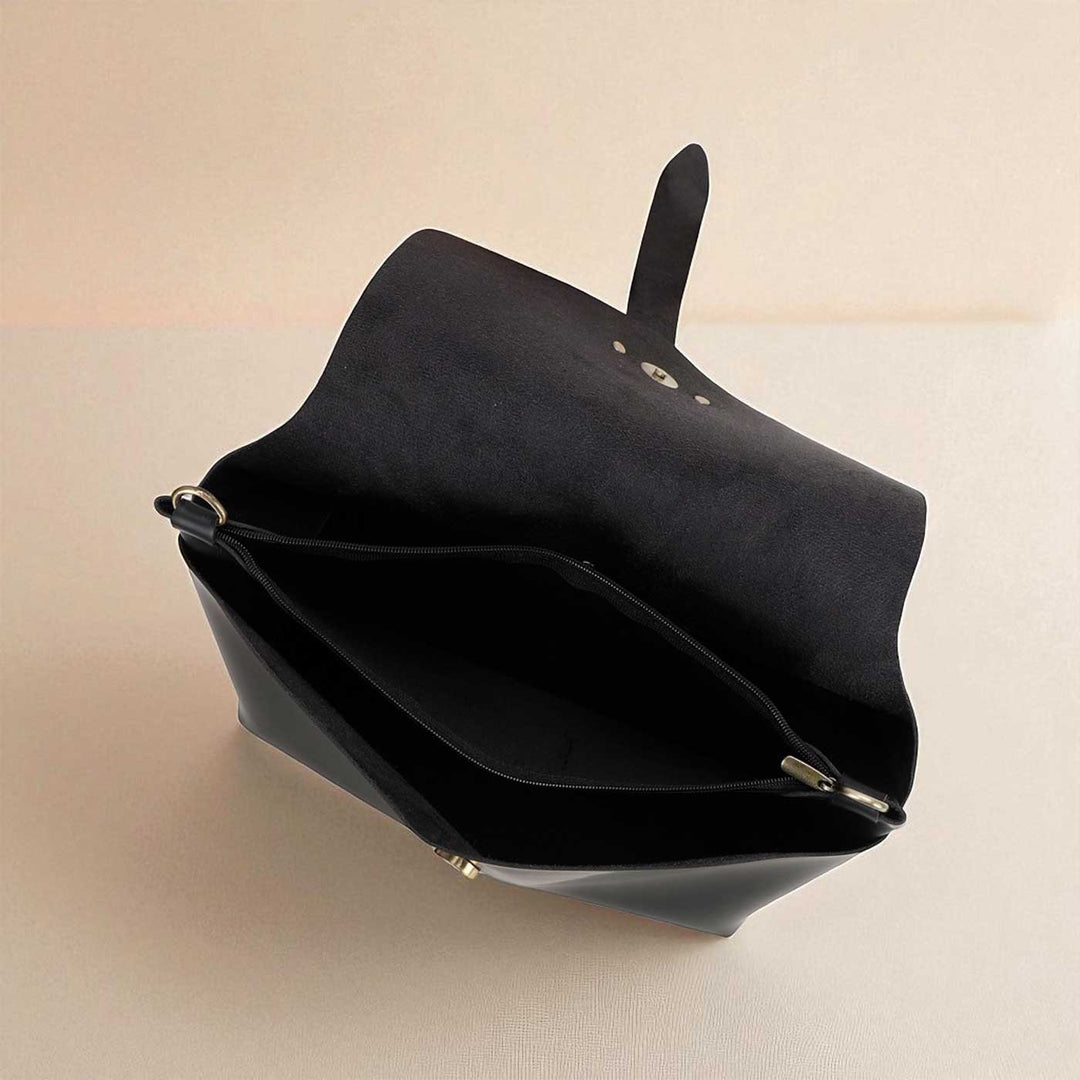 Handmade Solid Black Color Rexine Sling Bag