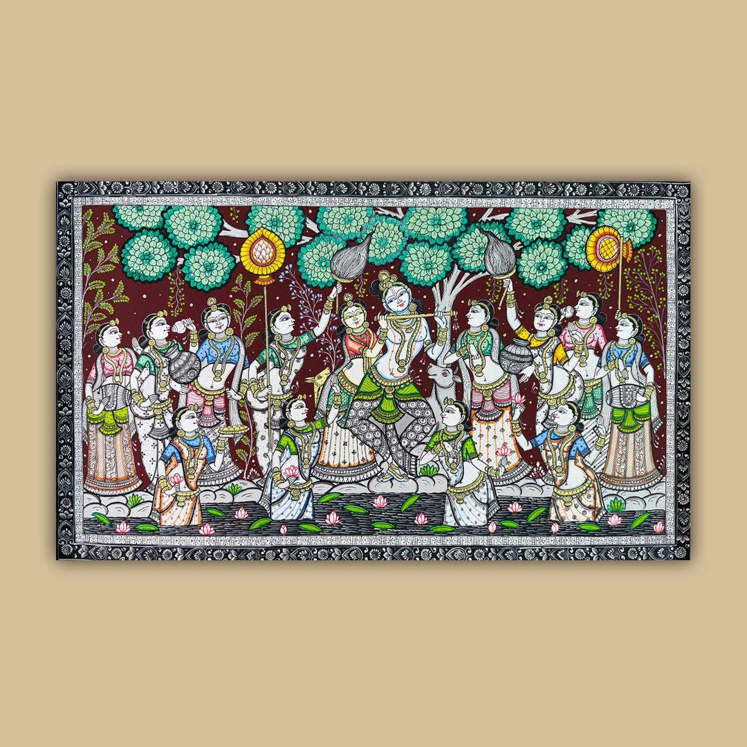 36 X 24 Inch | Handmade Canvas Krishna Rasleela Painting