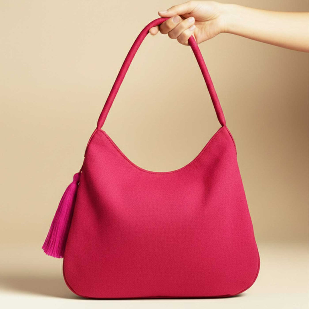 Fuchsia Rose Cross-Stitch Embroidered Hobo Shoulder Bag