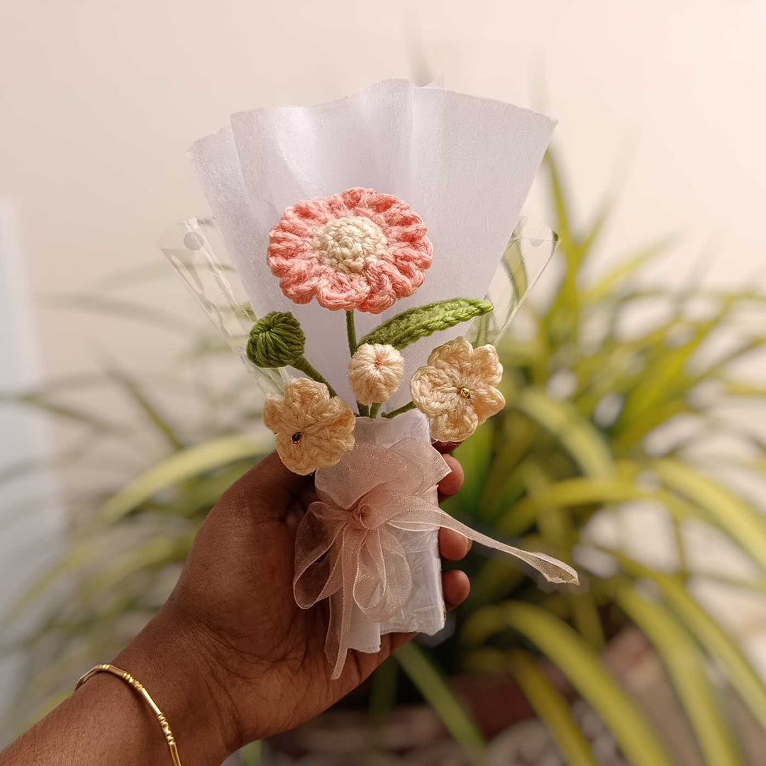Handmade Crochet Peach & Cream Mini Flower Bouquet | Includes Photo & Greeting Card