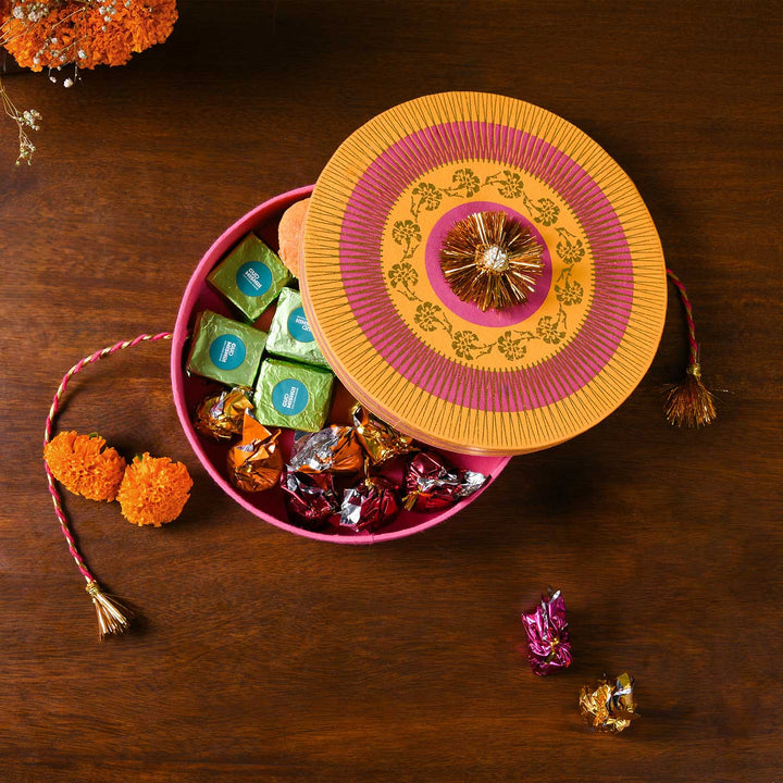 Handmade Pink And Yellow Rakhi Design Paper Gift Box