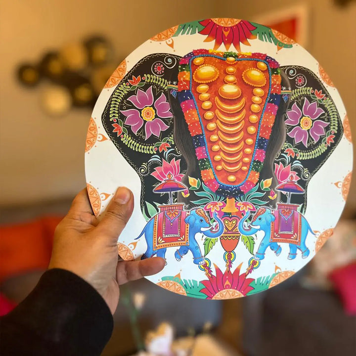 Printed Round Floral Elephant Theme MDF Wood Wall Decor
