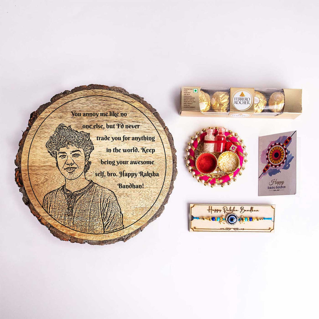 Photo Personalized Engraved Brother Theme Wooden Decorative Plaque Rakhi Hamper Includes 1 Rakhi 1 Plaque 1 Chocolate 1 Card And 1 Rakhi Plate - Flat Lay with Rakhi and Plaque