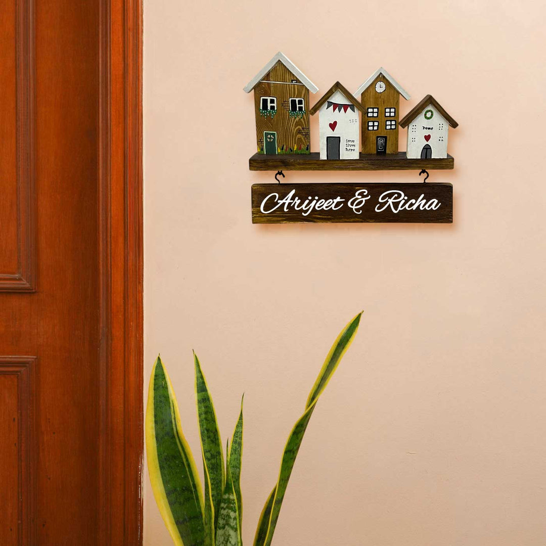 Personalized Brown & White Miniature House Wooden Name Plate