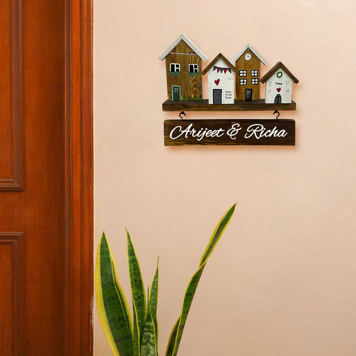 Personalized Brown & White Miniature House Wooden Name Plate