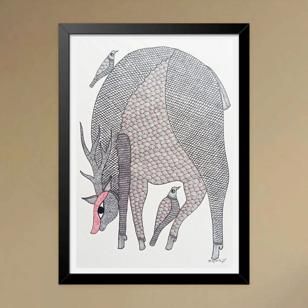 11 x 16 Inch | Deer & Bird Bond | Original Hand Painted Tribal Gond Art Painting | Acrylic Paint On Paper