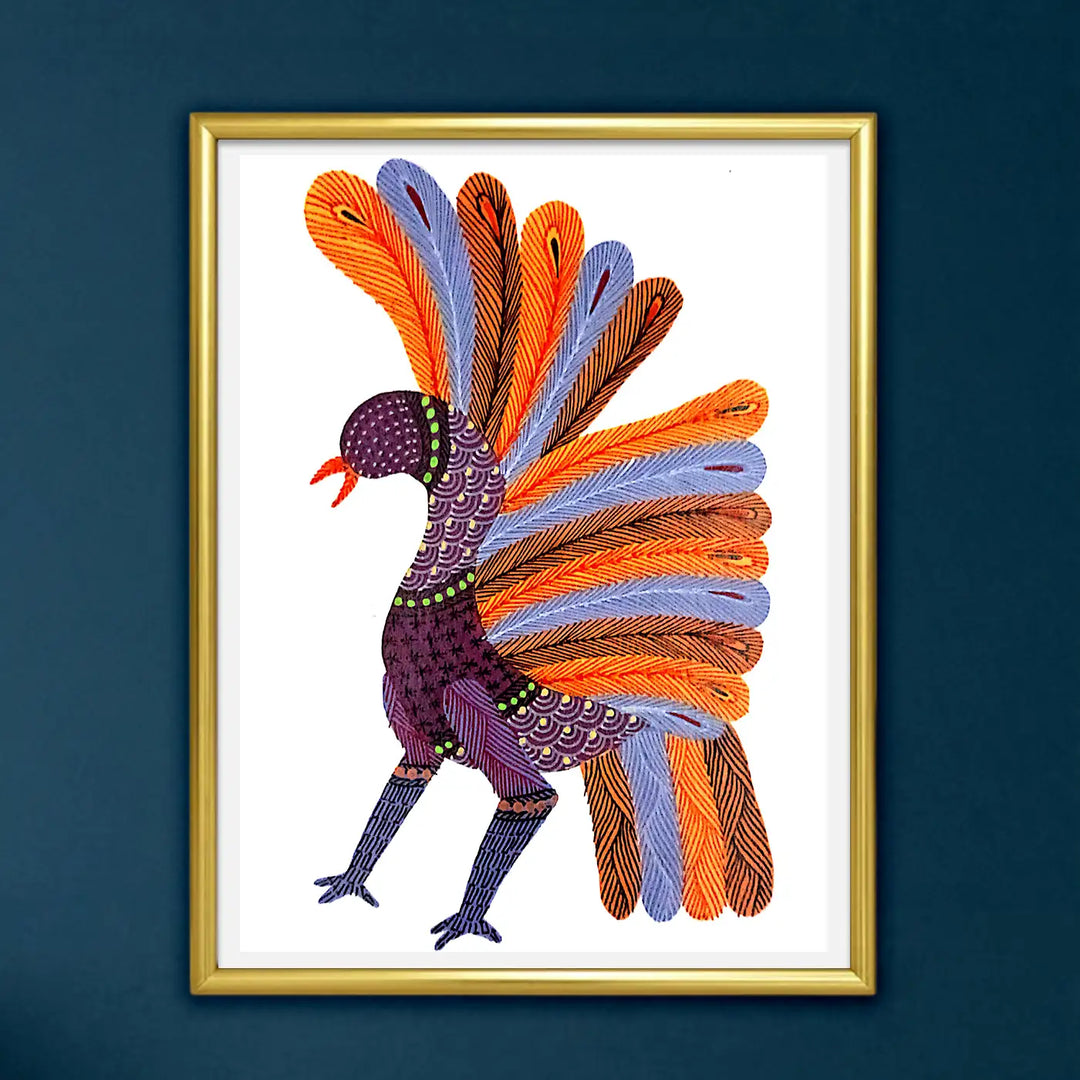 6 x 8 Inch | Dancing Peacock | Original Hand painted Tribal Gond Art Painting | Acrylic Paints On Paper