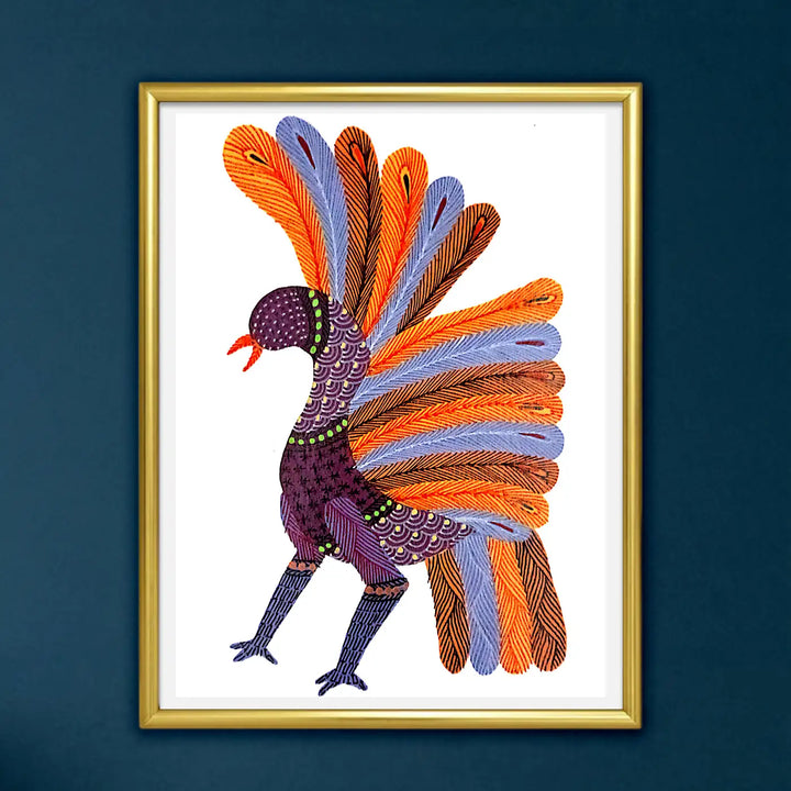6 x 8 Inch | Dancing Peacock | Original Hand painted Tribal Gond Art Painting | Acrylic Paints On Paper