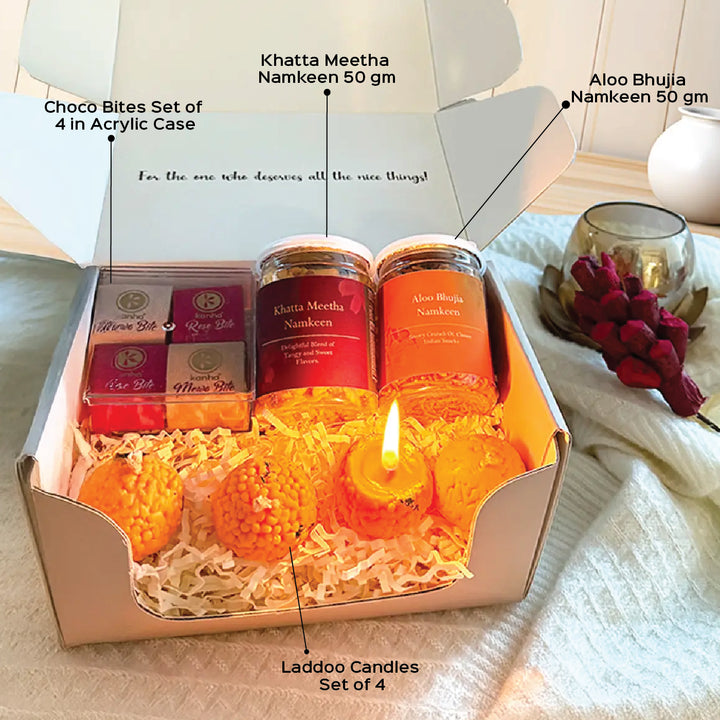 Festival Glow Diwali Gift Hamper | Includes 4 Choco Bites, 2 Namkeen Jars, 4 Laddoo Candles, 1 Gift Box