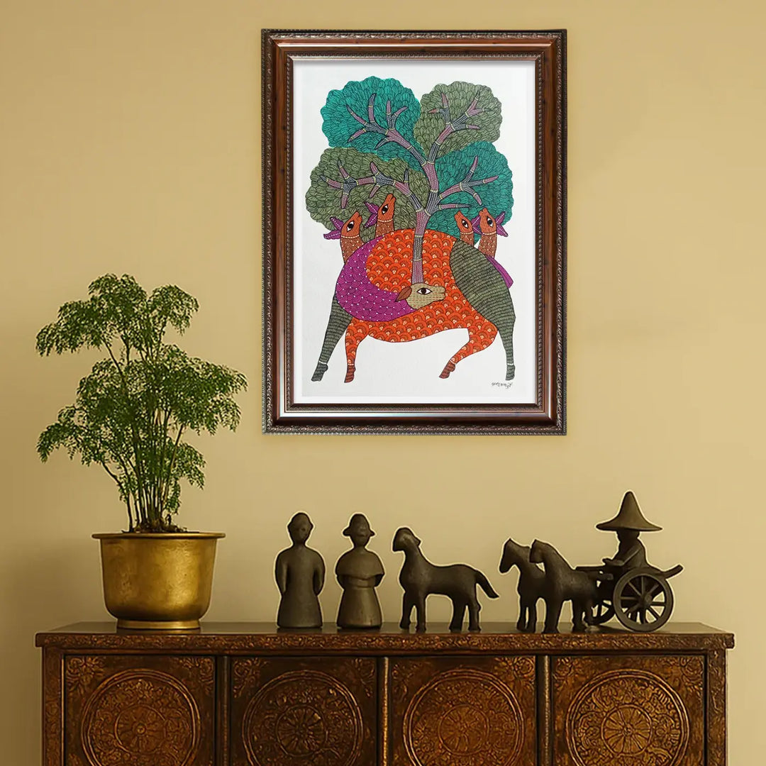 11 x 16 Inch | Deer & Tree of Life | Original Hand Painted Tribal Gond Art Painting | Acrylic Paint On Paper