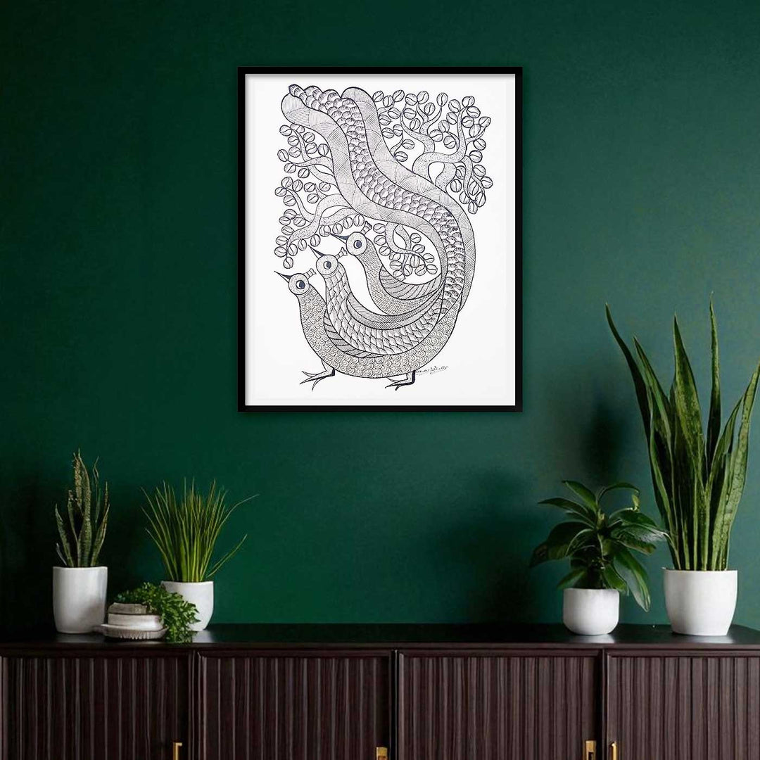 11 x 15 Inch | Trio Peacock | Original Hand Painted Tribal Gond Art Painting | Acrylic Paint On Paper