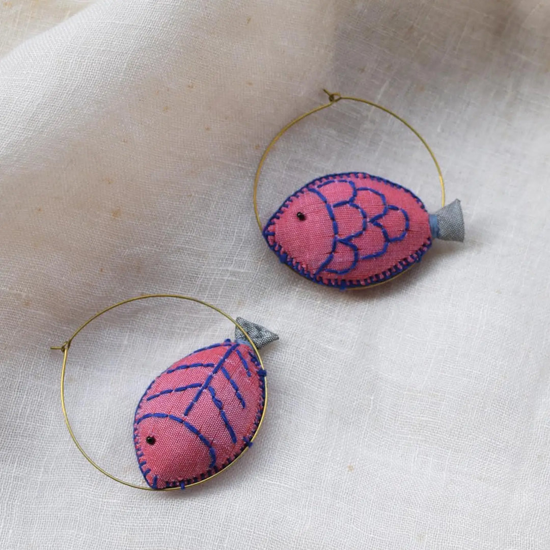 Handmade Textile Art Fish Shaped Hoop Dupion Silk Fabric Earrings