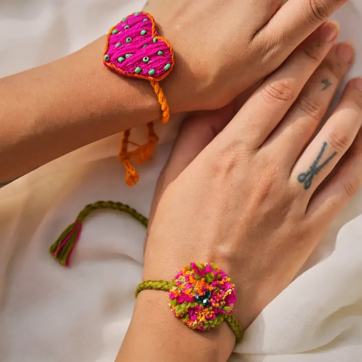 2 pc Rakhi + Brass Thali Set | Premium Dil Vali Beads & Pom Pom Rakhi Set with Roli Chawal
