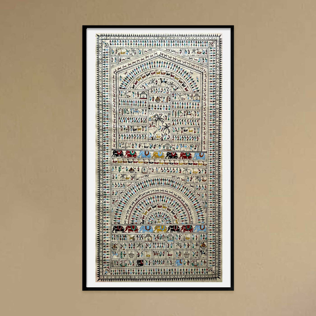 40 X 16 Inch | Handmade Tussar Silk Saura Tribal Art Of Odisha Painting