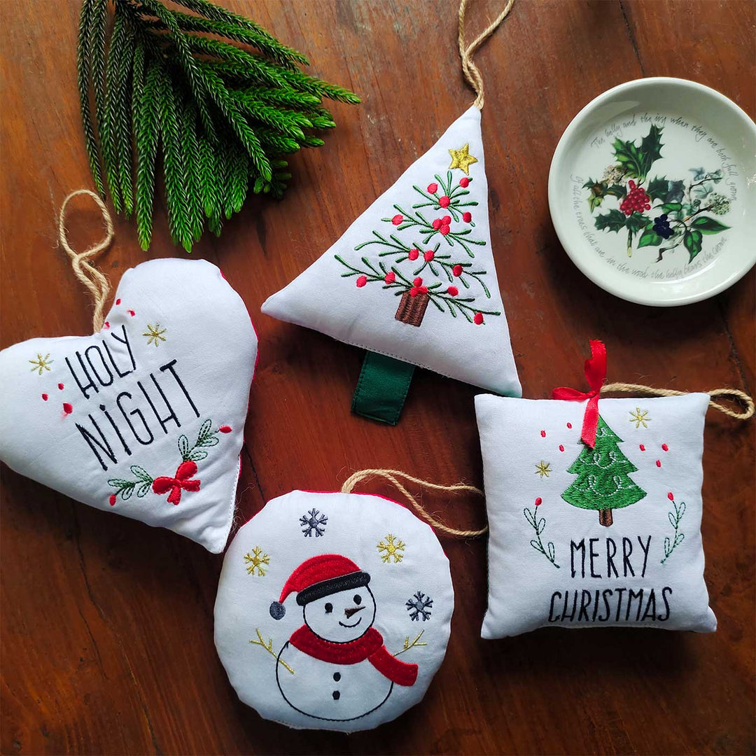 4 Pc | Handmade Cotton Embroidered White Christmas Ornament