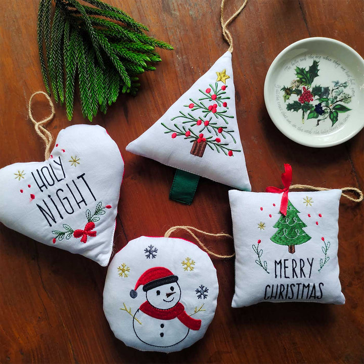 4 Pc | Handmade Cotton Embroidered White Christmas Ornament