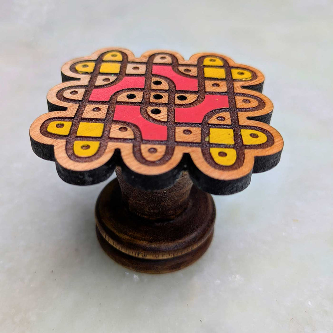 2 pc | Hand-Painted Engraved Red & Yellow Mahogany Wood Kolam Agarbatti Holder For Pooja Room
