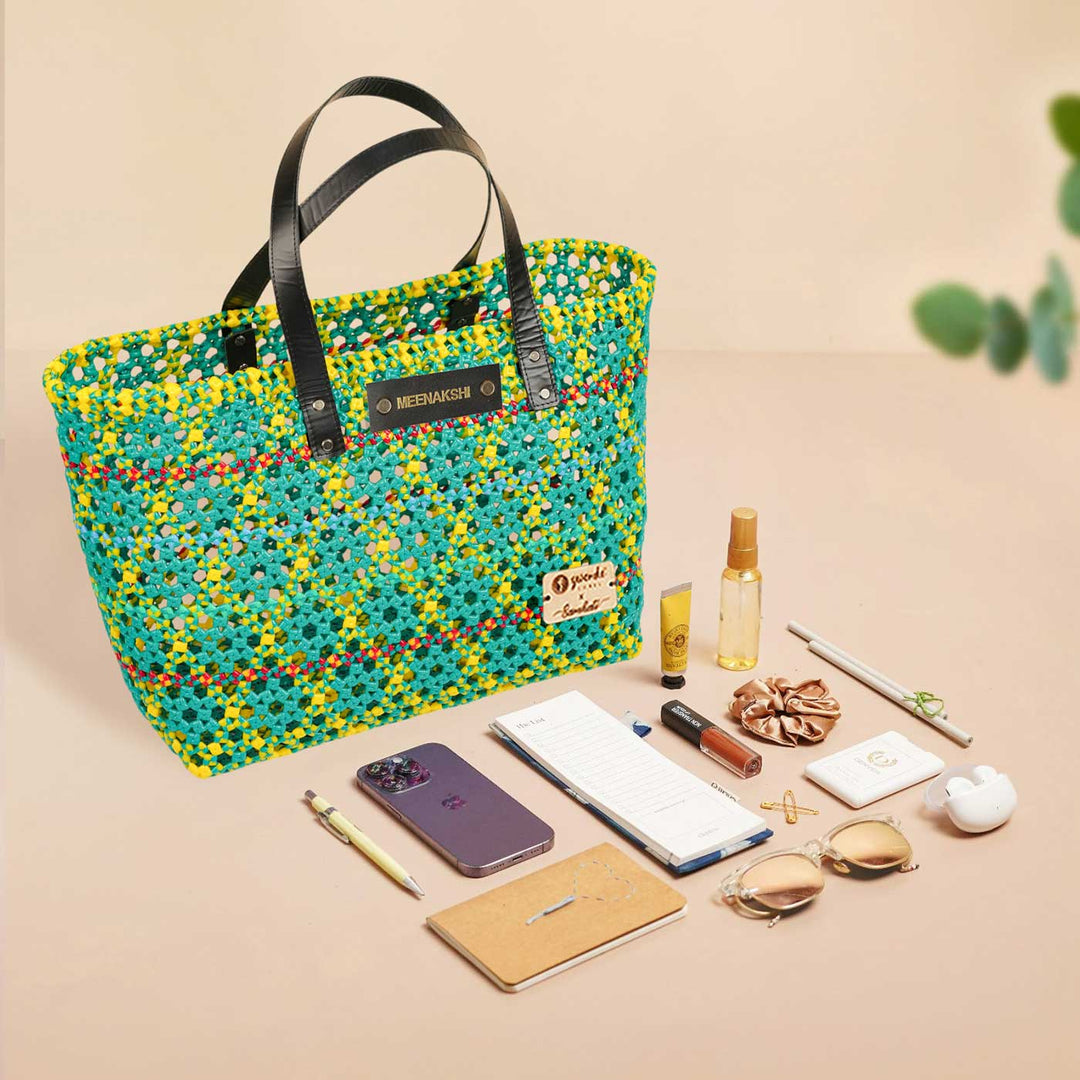Green And Yellow Diamond Pattern Tara Knot Handmade Koodai Beach Bag