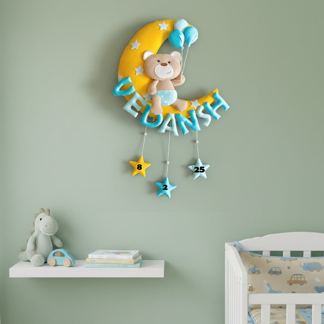 Hand-stitched Teddy Themed Felt Moon Nameplate with Birthdate For Kids