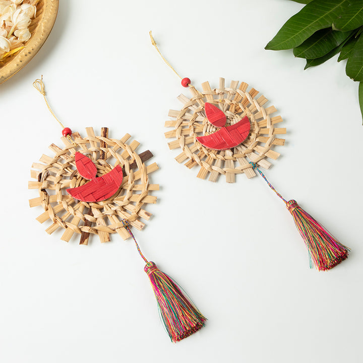 Set of 2 | "Mandala" Diya Handcrafted Bamboo Wall Hanging With Diya Accent For Festive Decor